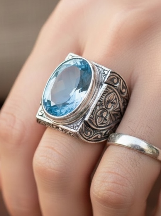 Jewelry - Artisan, Boho, Vintage Style Ottoman Style 925 Sterling Silver Aquamarine Ring